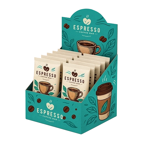 Branded box with full color printing, aqueous coating and handle at top for easy handling