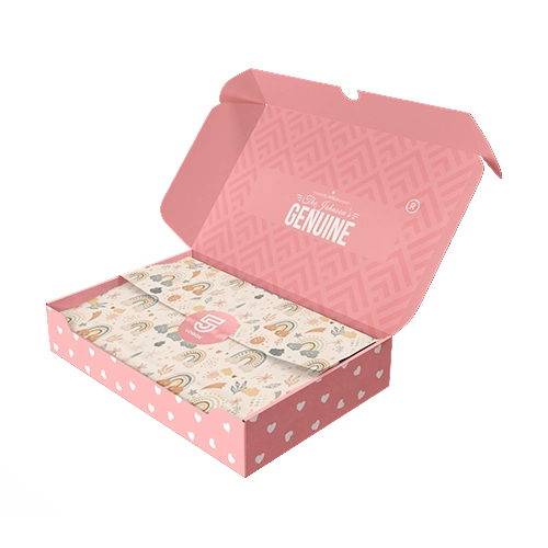 Branded box with full color printing, aqueous coating and handle at top for easy handling