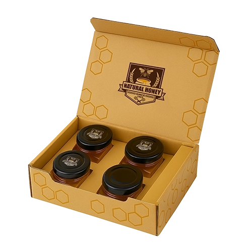 Branded box with full color printing, aqueous coating and handle at top for easy handling