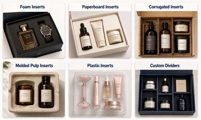 Main types of packaging inserts for boxes, including foam, paperboard, corrugated, molded pulp, plastic inserts, and custom dividers
