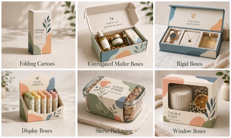 Product packaging mockup showing folding cartons, corrugated mailer boxes, rigid boxes, display boxes, sleeve packaging, and window boxes