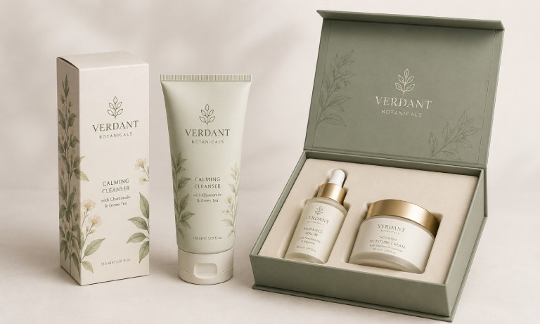 Custom product packaging for skincare products, including printed carton, cosmetic tube, and rigid box with insert